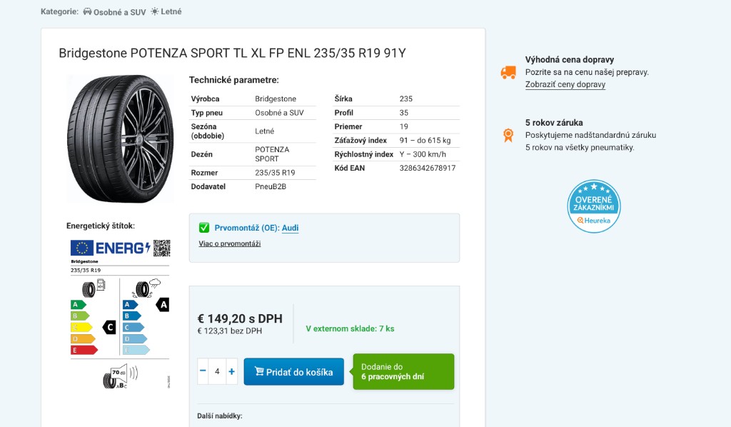 Product detail — specs, stock, and Heureka badge